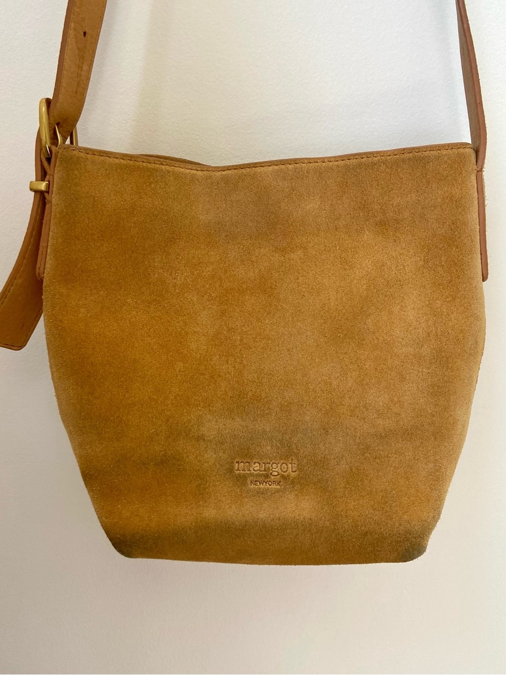 Margot New York Suede Leather Crossbody Bag Mustard Tan Minimalist Casual Boho